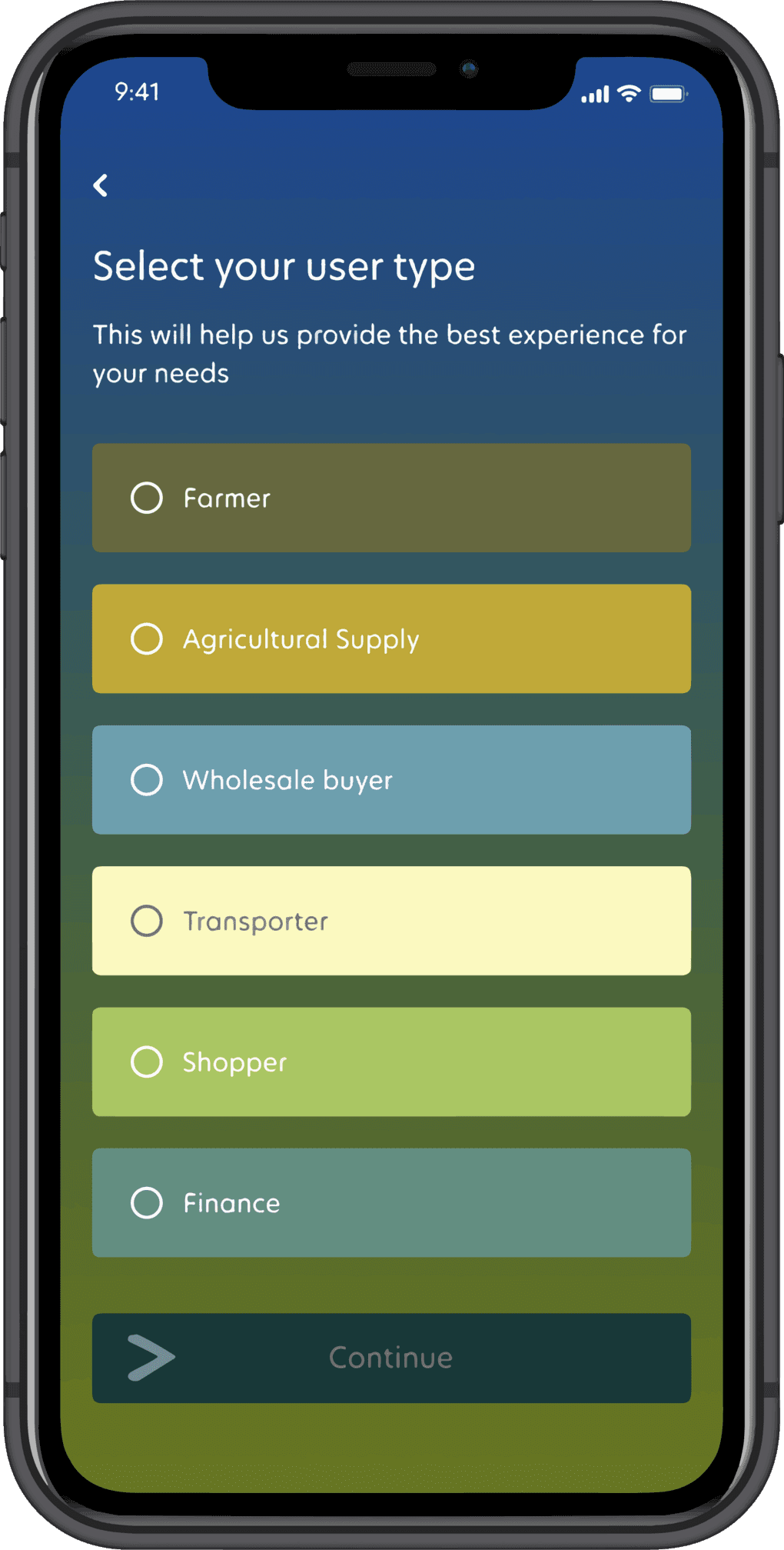 User type sign up screen